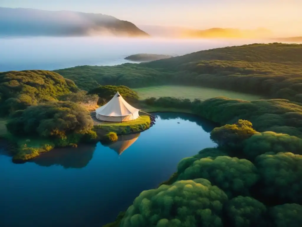 Campamento junto a la Laguna Rocha al atardecer en Uruguay, con tienda iluminada y fogata