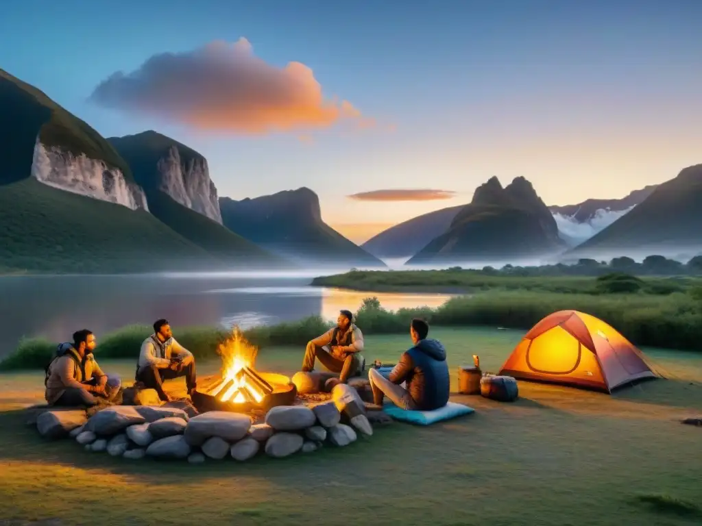 Un campamento junto al río Uruguay al atardecer con campamento, fogata y campistas felices