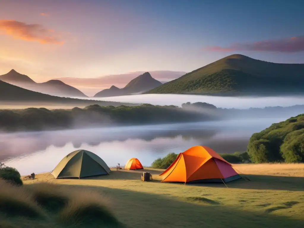 Campamento junto al río al atardecer en Uruguay con tiendas de campaña, reflejos en el agua y ropa técnica protección UV campismo