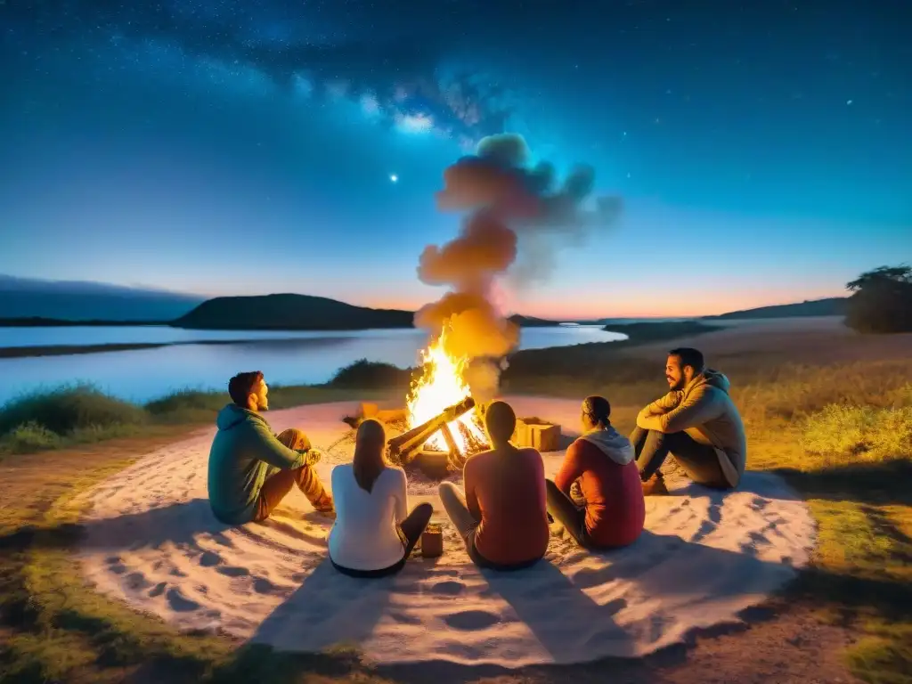 Campamento junto al río en Uruguay, escuchando leyendas locales alrededor de la fogata