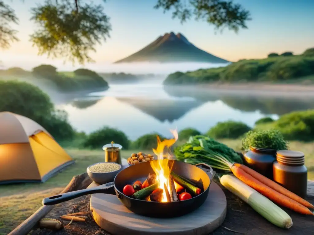 Escena campamento junto al río en Uruguay, sartén sizzling, verduras frescas