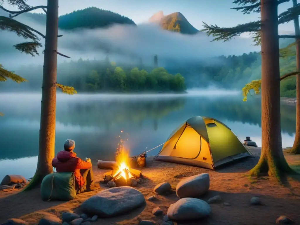 Campamento junto al río al amanecer: tienda acogedora entre árboles, fogata, silla y caña de pescar