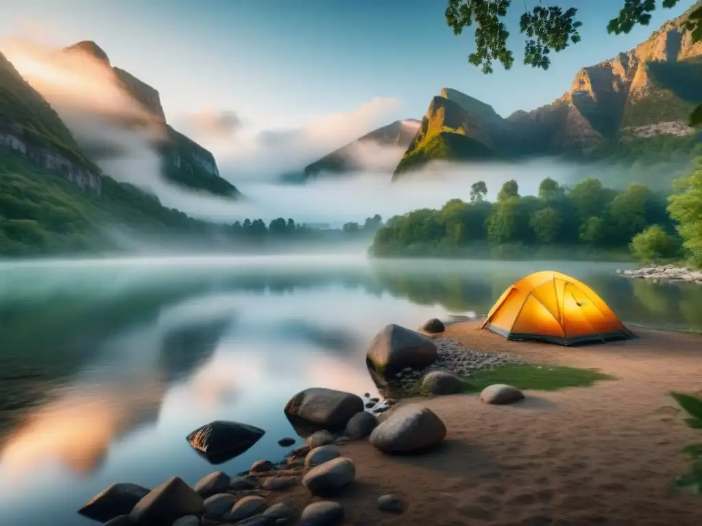 Campamento junto al río al amanecer, con tienda colorida bajo árboles altos