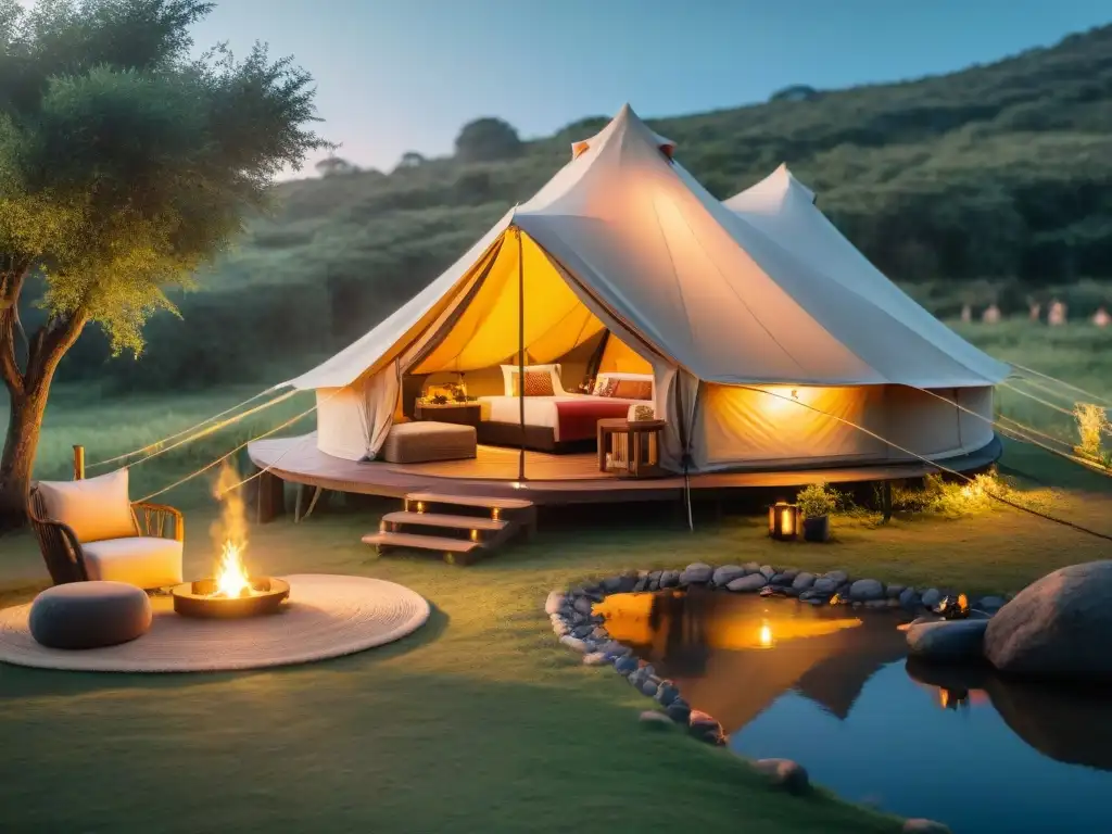 Campamento de lujo en campings privados en Uruguay: pareja disfruta de atardecer en tienda glamping elegante