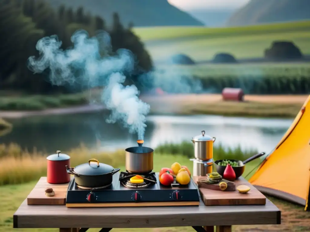 Un campamento de lujo en Uruguay: cocina elegante al aire libre, campistas felices preparando una comida gourmet con productos locales frescos