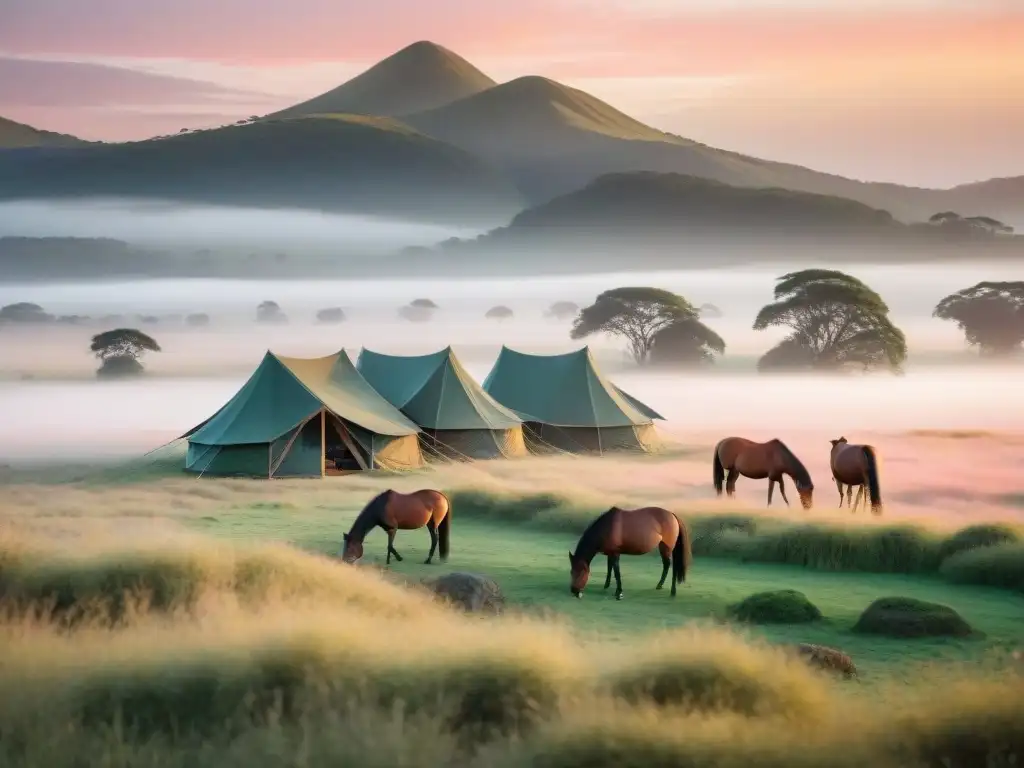 Campamento mágico con caballos salvajes en el amanecer de Uruguay