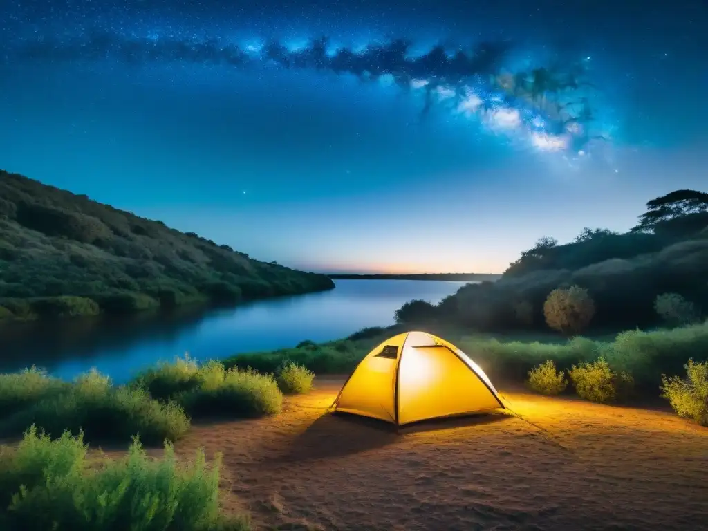 Campamento mágico bajo las estrellas en Uruguay, reflejando la luna en el río