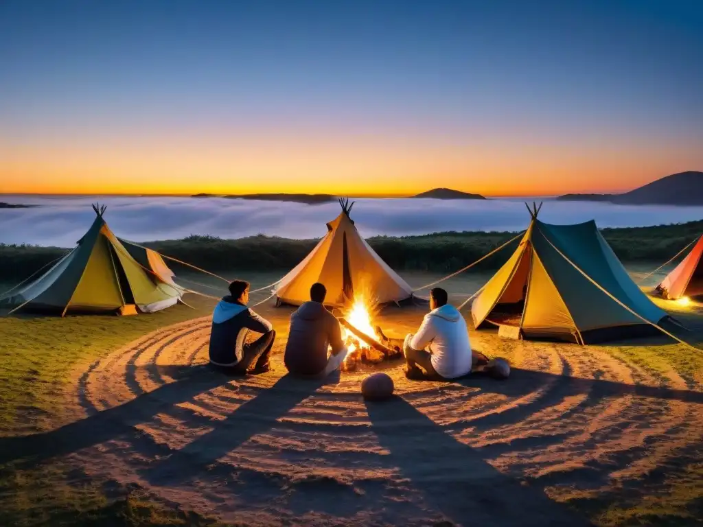 Campamento en Uruguay: amigos comparten mate alrededor de fogata, creando un ambiente de camaradería bajo las estrellas