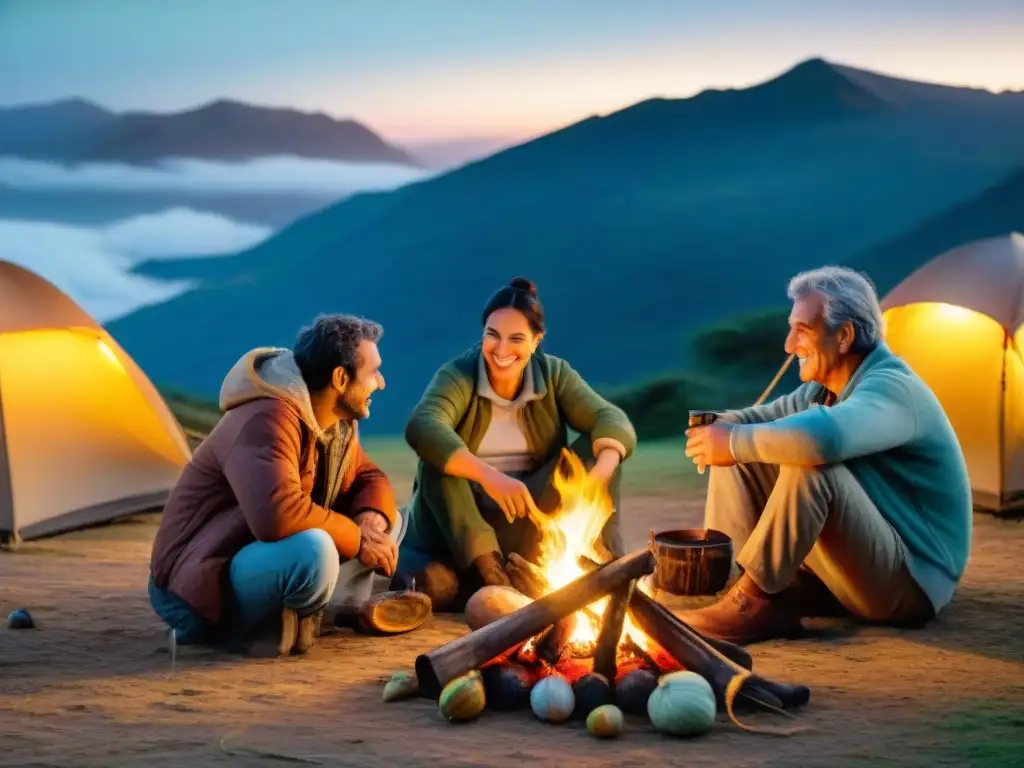 Campamento en Uruguay: amigos disfrutan de mate alrededor de fogata al atardecer, compartiendo historias y risas