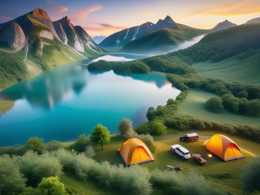 Un campamento en Uruguay con las mejores rutas, tiendas de colores entre colinas verdes, junto a un lago al atardecer