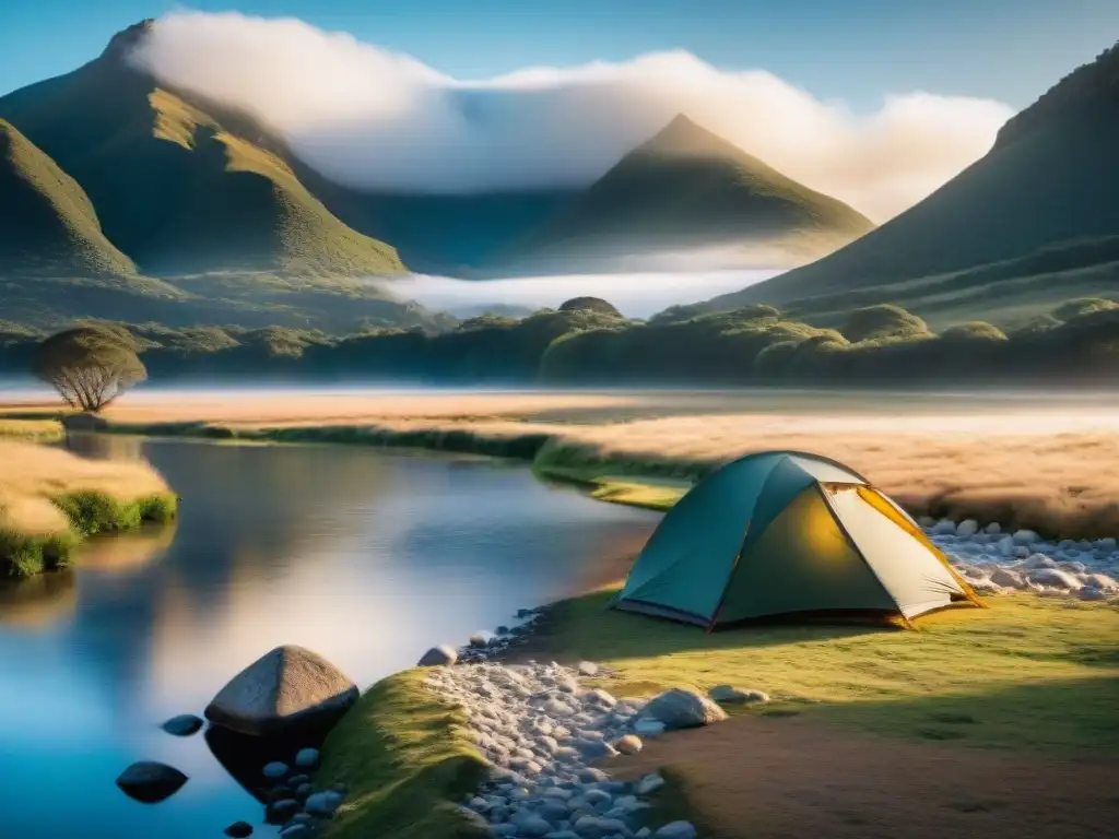 Campamento minimalista en Uruguay en invierno, rodeado de montañas nevadas y arroyo cristalino