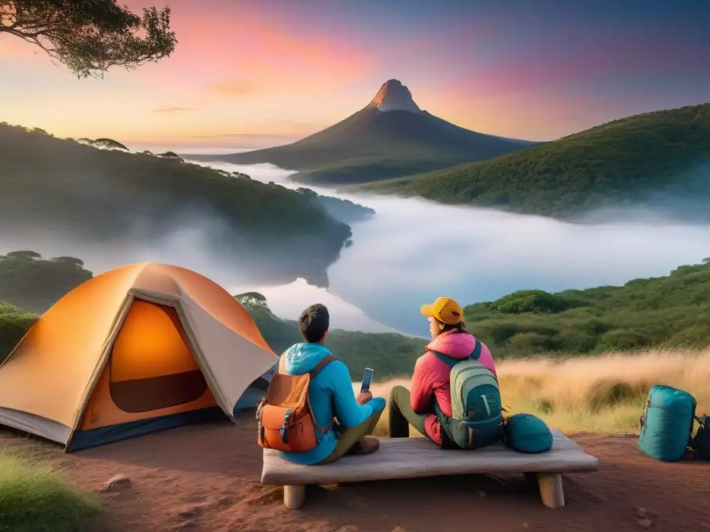 Un campamento en Uruguay con una moderna cámara con GPS, rodeada de naturaleza y exploradores