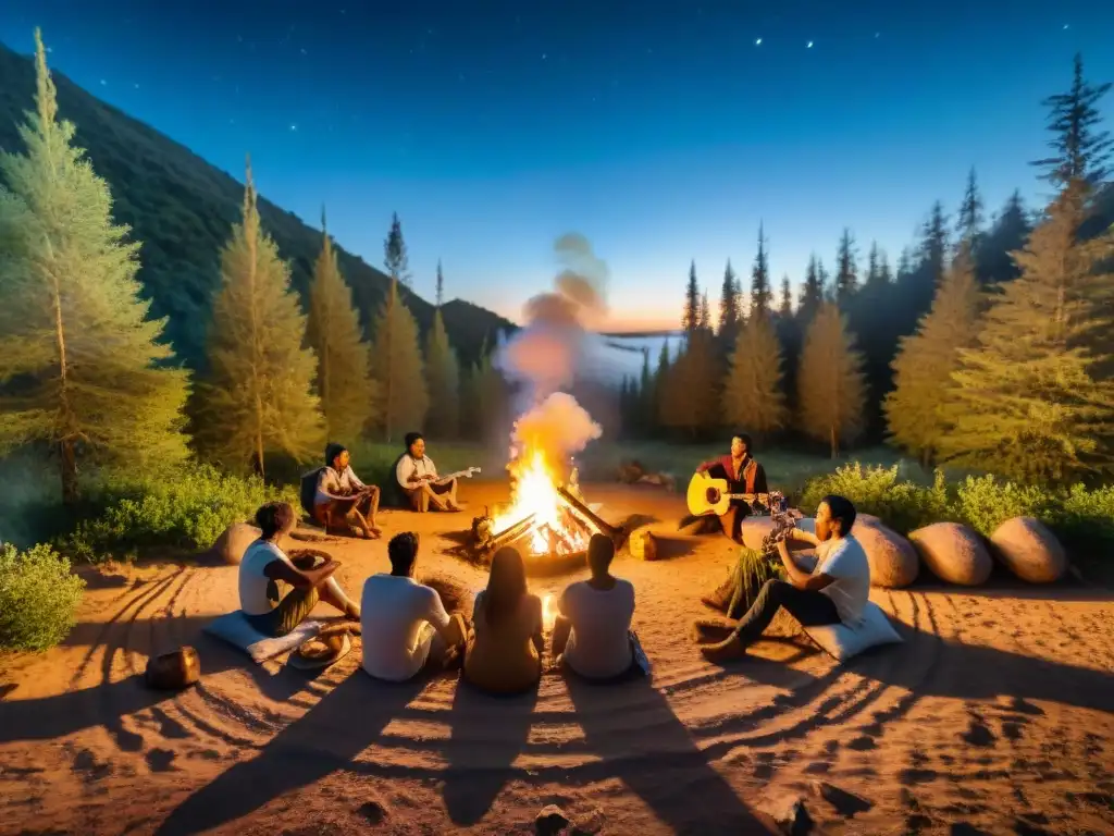 Campamento musical en Uruguay: Grupo diverso de campistas alrededor de fogata en bosque, tocando instrumentos bajo cielo estrellado