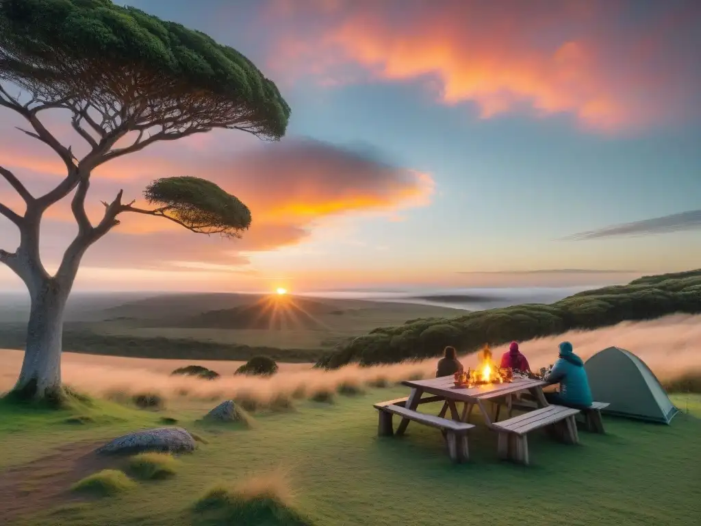 Un campamento en la naturaleza de Uruguay al atardecer, con campistas y accesorios de fotografía