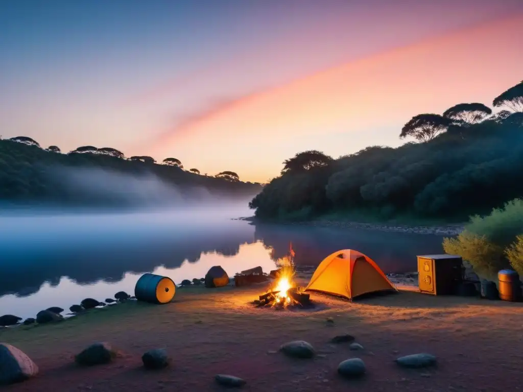 Campamento en la naturaleza de Uruguay al atardecer con fogata y equipo de camping