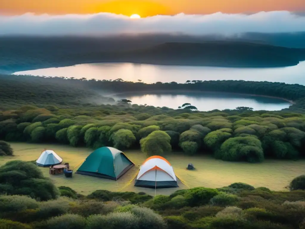 Campamento en la naturaleza de Uruguay al atardecer, con fogata y campistas montando tiendas bajo un cielo naranja vibrante