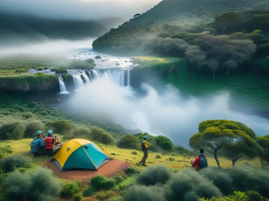 Campamento en la naturaleza de Uruguay con filtración de agua para camping en río sereno