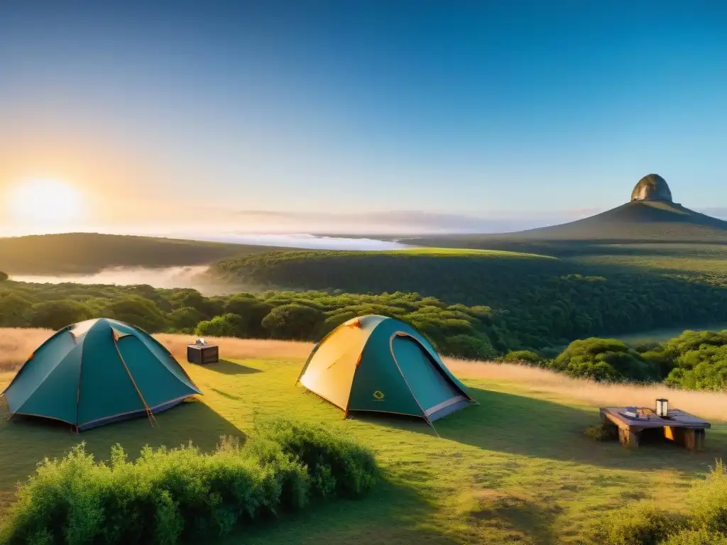 Campamento en la naturaleza de Uruguay con las mejores tiendas de campaña, creando una atmósfera serena y acogedora al atardecer