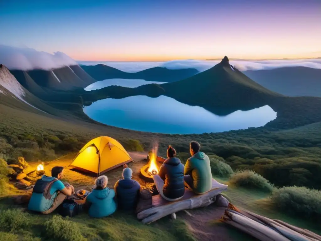 Campamento en la naturaleza uruguaya al anochecer, campistas disfrutan de la fogata y GPS para campistas en Uruguay