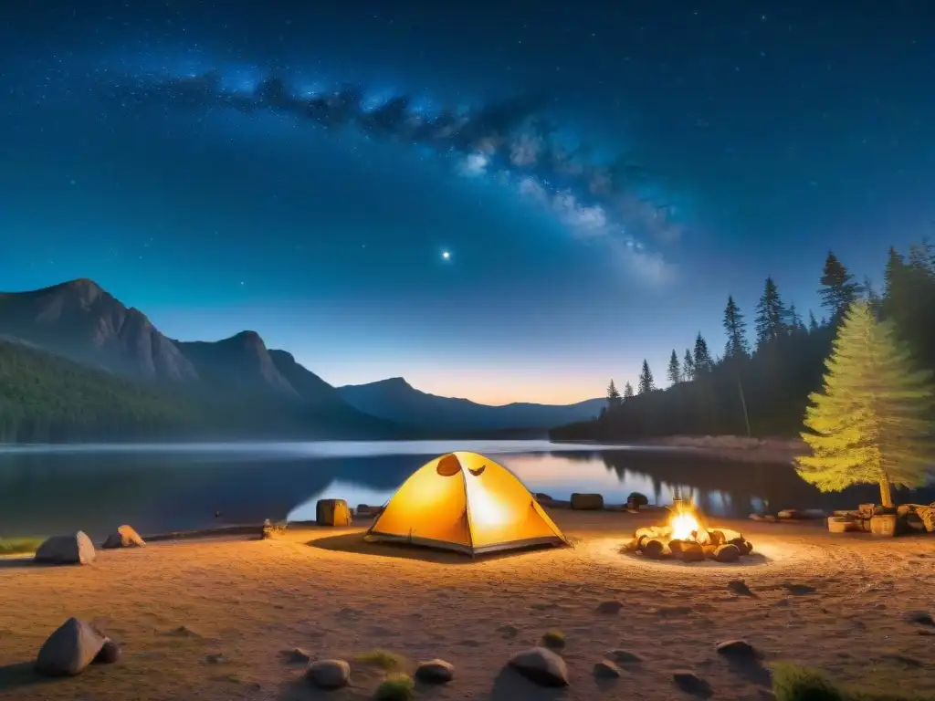 Un campamento nocturno acogedor iluminado por una hoguera cálida, rodeada de campistas felices bajo un cielo estrellado