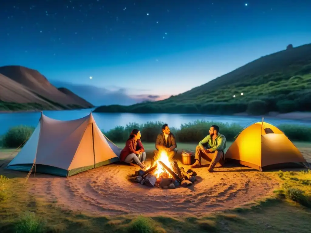 Campamento nocturno en Uruguay: amigos alrededor de fogata bajo estrellas