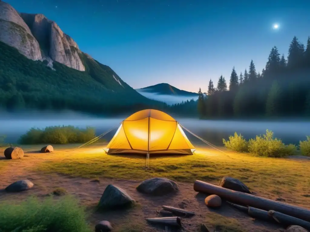 Campamento nocturno en el bosque con carpa iluminada y sistema de alarma integrado