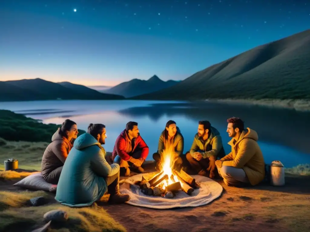 Campamento nocturno en Uruguay con campistas usando mantas térmicas alrededor del fuego