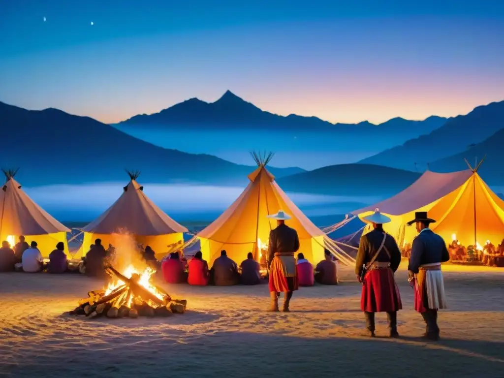 Campamento nocturno en la Fiesta Patria Gaucha, gauchos alrededor del fuego compartiendo historias bajo un cielo estrellado