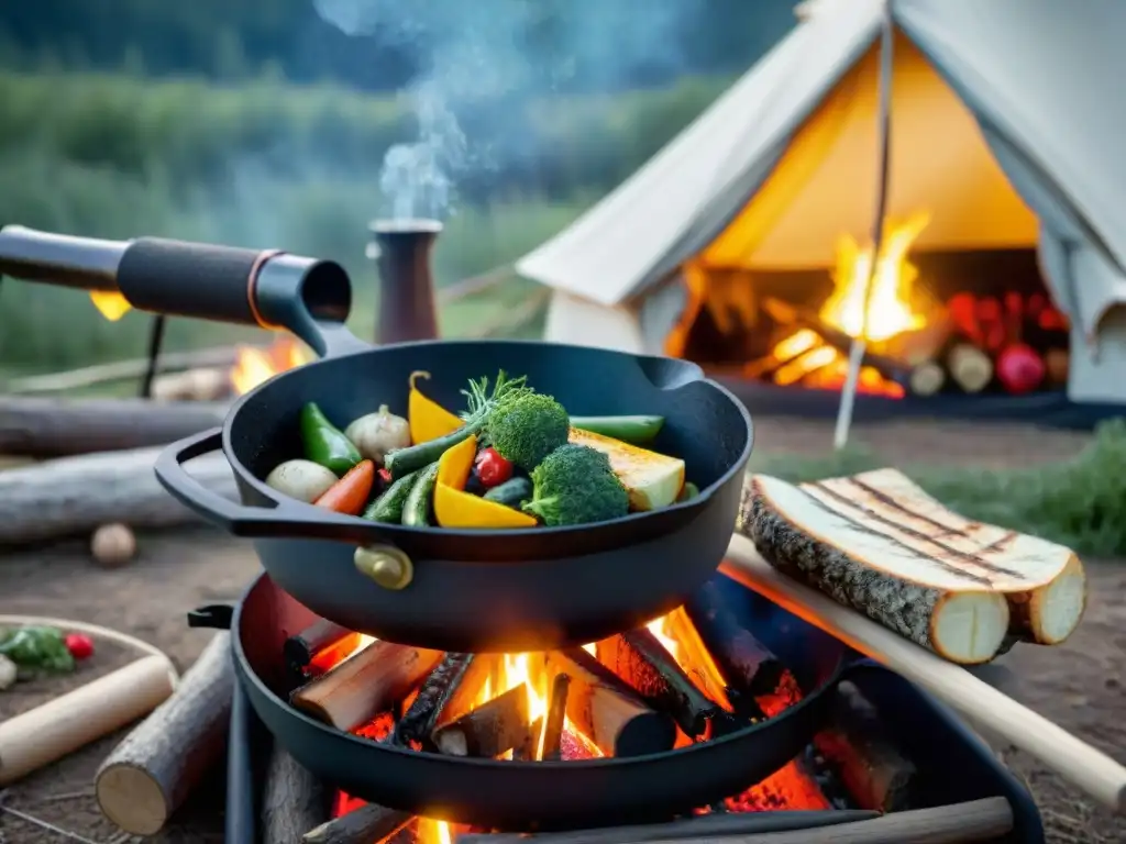 Un campamento nocturno con fogata y cocina rústica iluminada por las estrellas