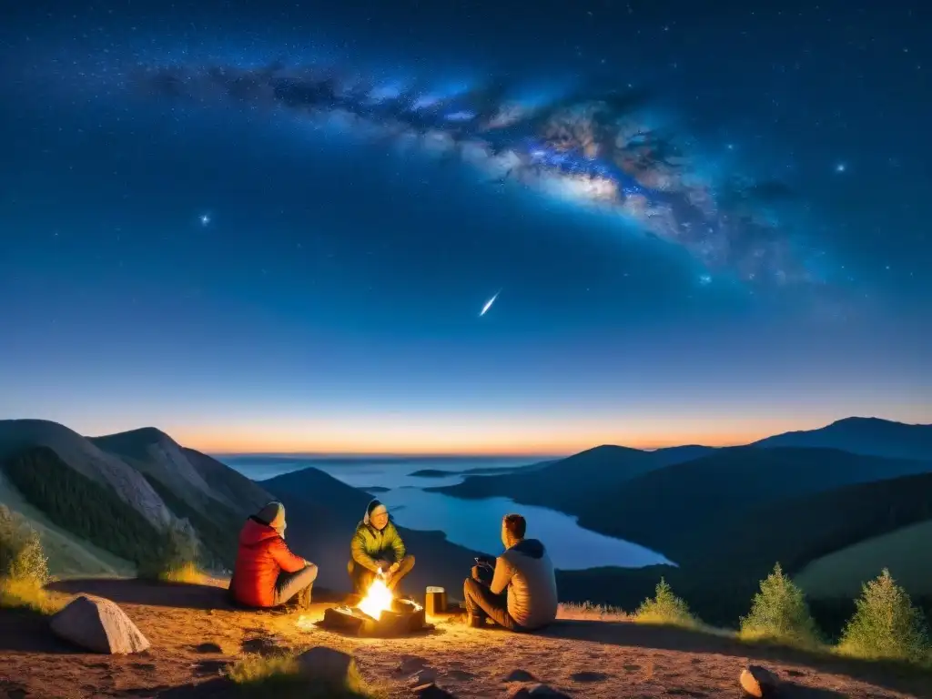 Campamento nocturno con fogata y telescopio portátil apuntando a estrellas brillantes