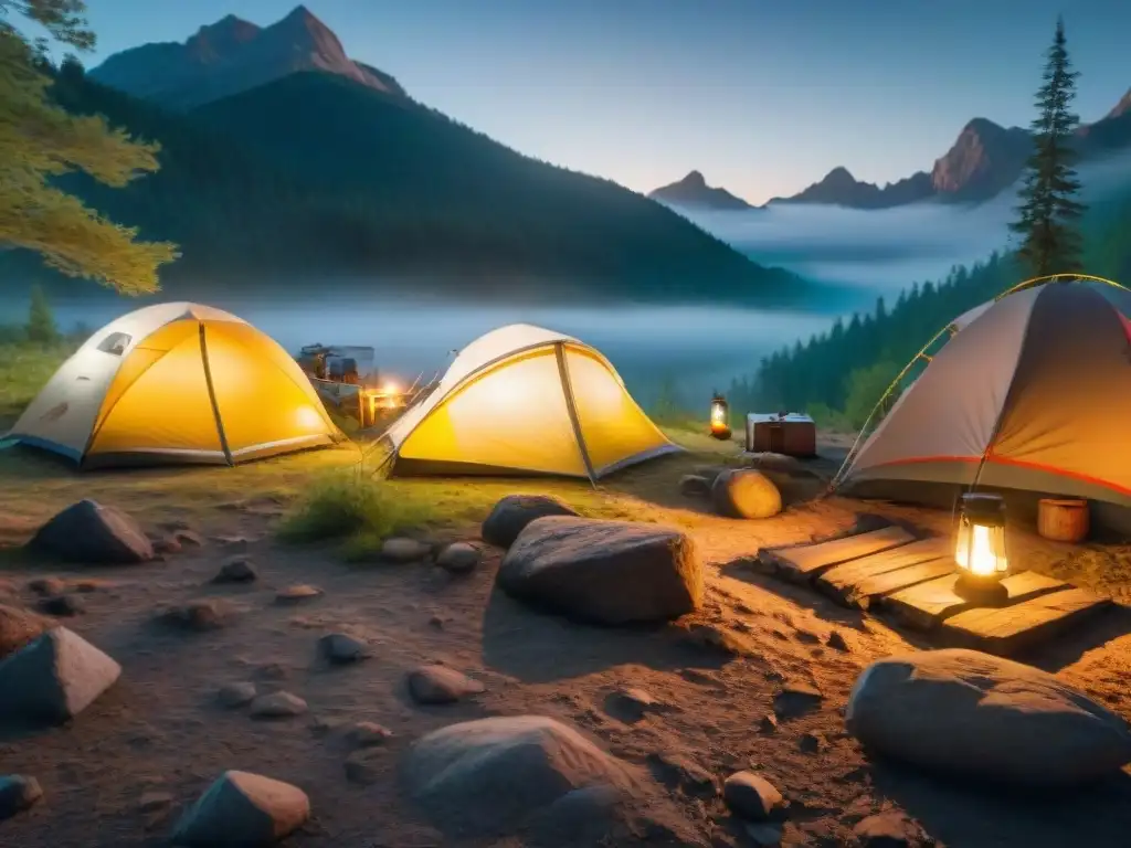 Campamento nocturno con iluminación segura para acampar de noche, resaltando la importancia de una iluminación adecuada