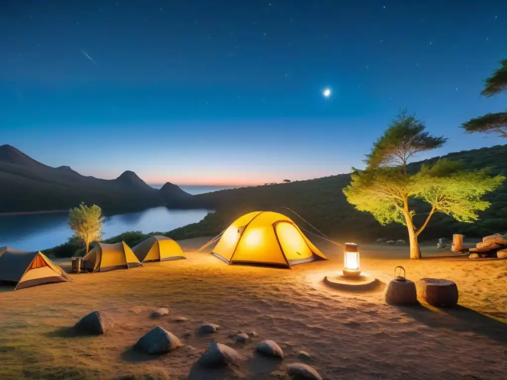 Un campamento nocturno en Uruguay iluminado por linternas solares ecofriendly, creando una atmósfera cálida y segura para acampar de noche