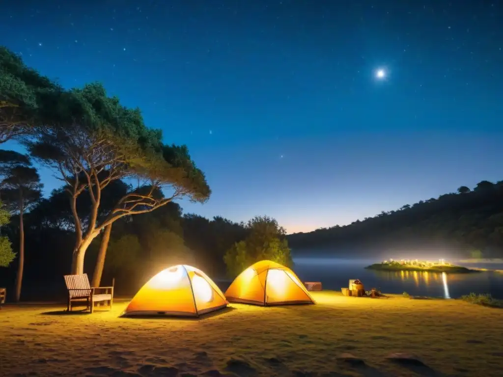 Un campamento nocturno en Uruguay con iluminación segura: linternas solares y antorchas LED crean un ambiente mágico bajo un cielo estrellado