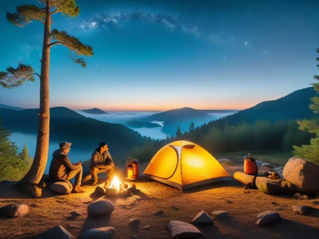 Un campamento nocturno sereno iluminado por una linterna LED ecofriendly