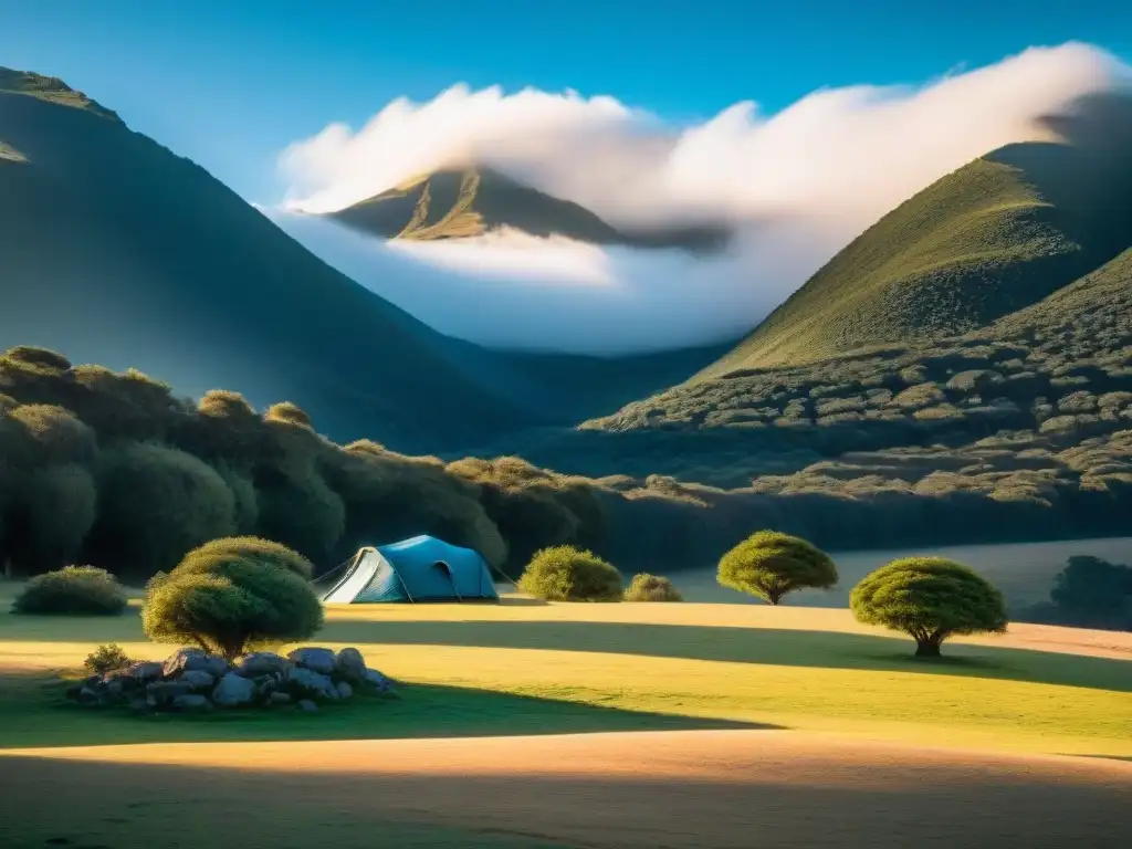 Campamento en Uruguay en invierno: paisaje sereno con camping entre árboles nevados y montañas al fondo bajo cielo azul