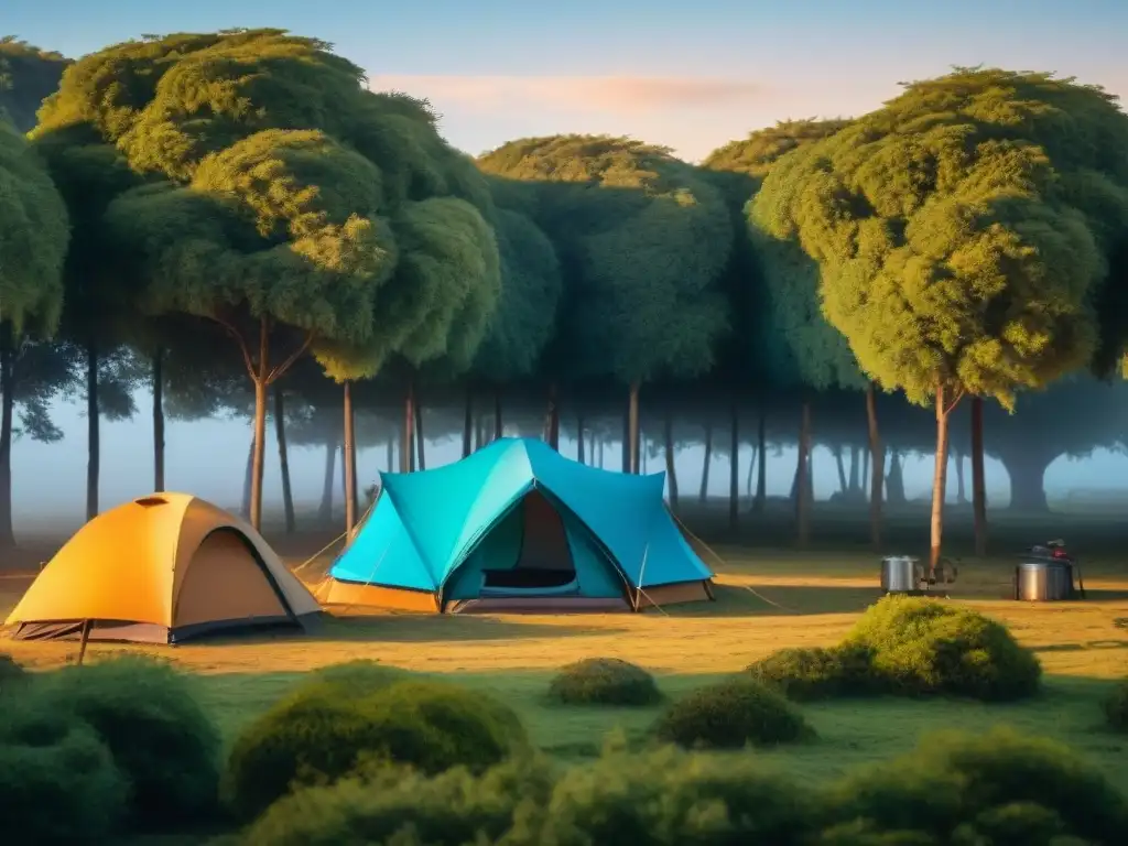 Un campamento pintoresco en Uruguay al atardecer: tiendas coloridas entre árboles, fogata, campistas felices