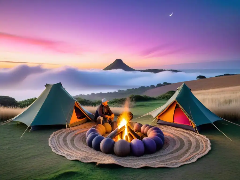 Un campamento pintoresco en las colinas de Uruguay con gauchos y fogata bajo un cielo estrellado