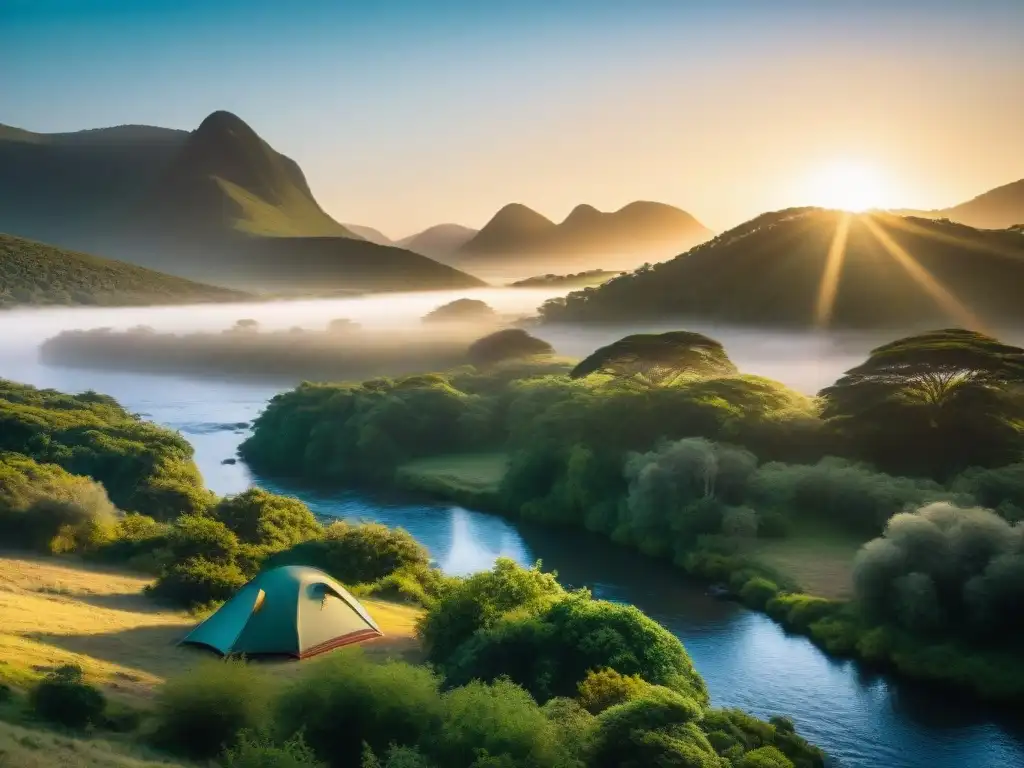 Campamento pintoresco junto a un río en Uruguay al atardecer