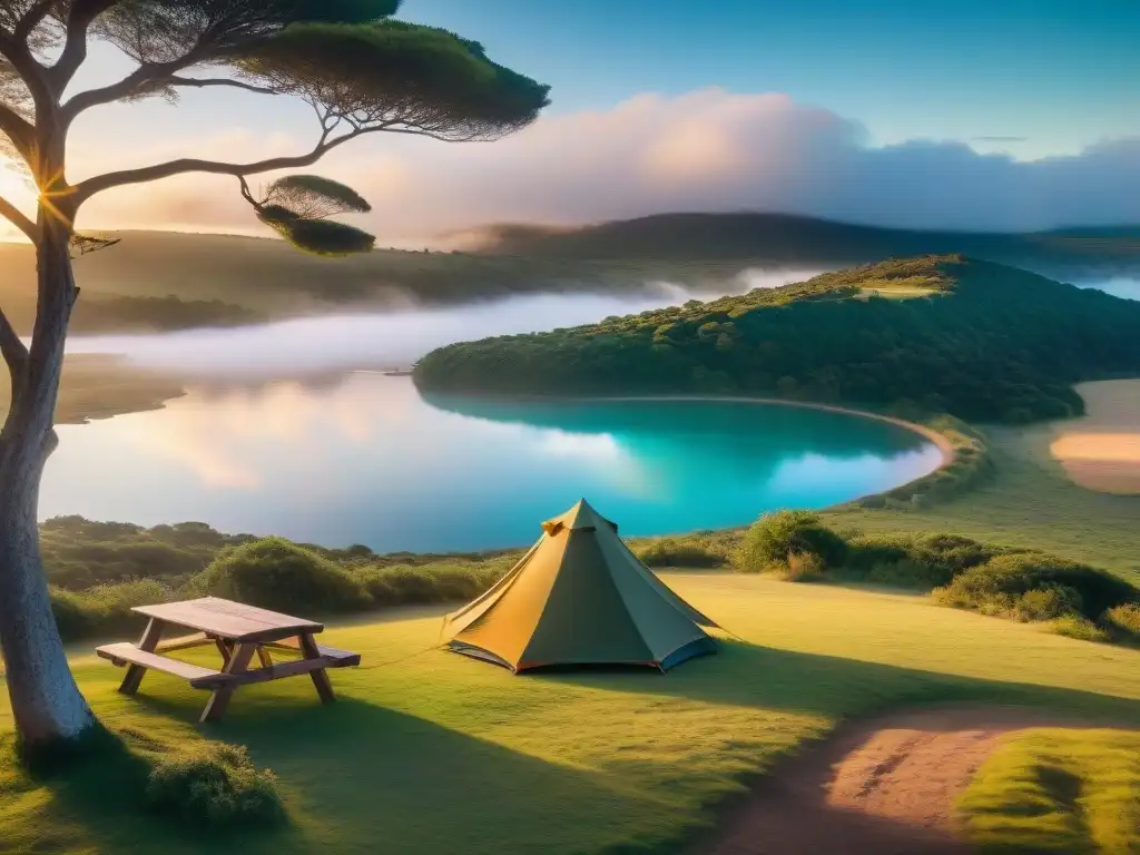 Un campamento pintoresco en Uruguay: paisajes y tradiciones cobran vida con la cálida luz del atardecer