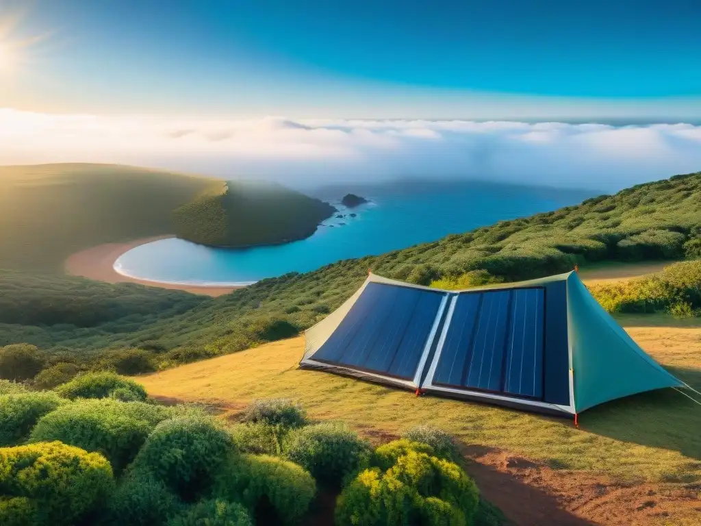 Un campamento pintoresco en Uruguay con paneles solares portátiles, sostenibilidad en la naturaleza