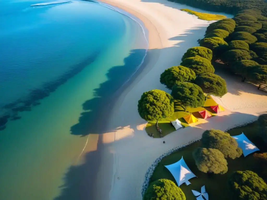 Campamento en la playa de Uruguay al atardecer, tiendas de colores bajo un cielo despejado