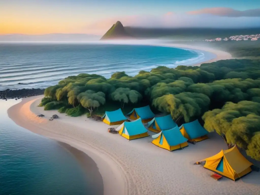 Campamento en la playa de Uruguay al atardecer: tiendas coloridas, fogatas, voleibol, hamacas