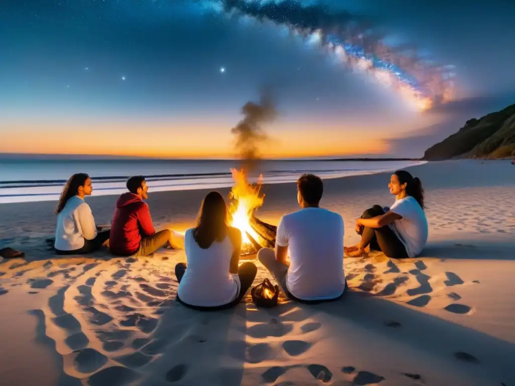 Campamento en la playa de Uruguay con fogata, historias locales y conexión a la naturaleza bajo las estrellas