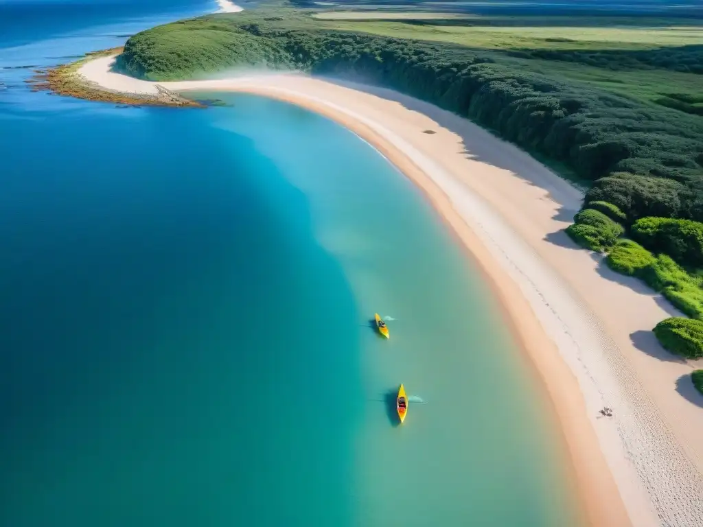 Campamento en la playa de Uruguay con kayaks en conservación de playas y ríos