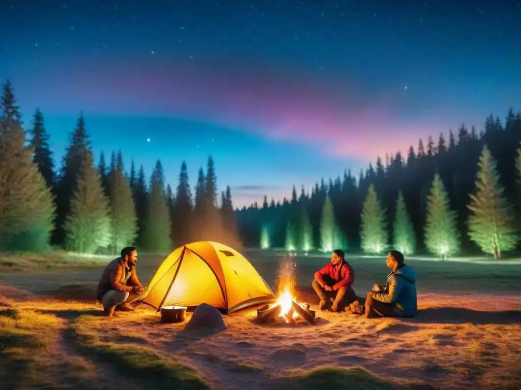 Campamento en Uruguay para principiantes: Novatos montan tiendas coloridas bajo cielo estrellado, con fogata cálida iluminando sus rostros emocionados