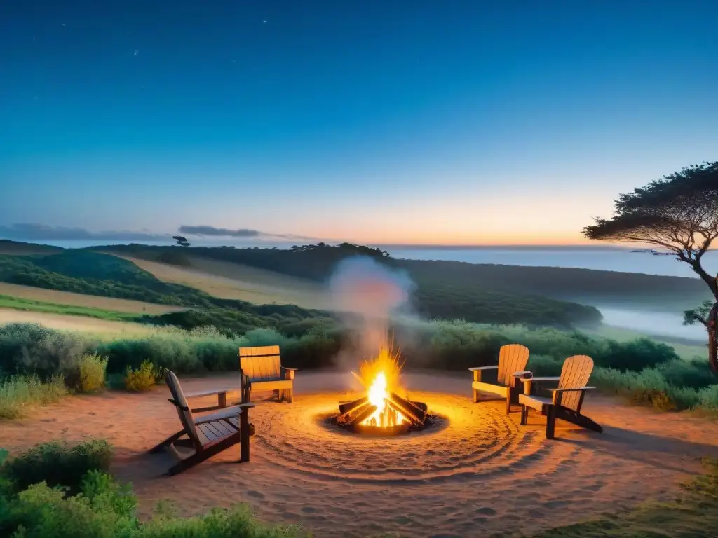 Campamento privado en Uruguay con fogata al atardecer, rodeado de sillas y naturaleza, bajo un cielo estrellado