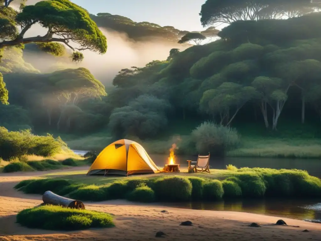 Campamento privado en Uruguay con tienda entre la vegetación, río sereno al fondo y luz dorada filtrándose entre los árboles