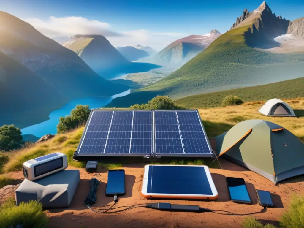 Un campamento remoto con energía solar recargando dispositivos en la naturaleza