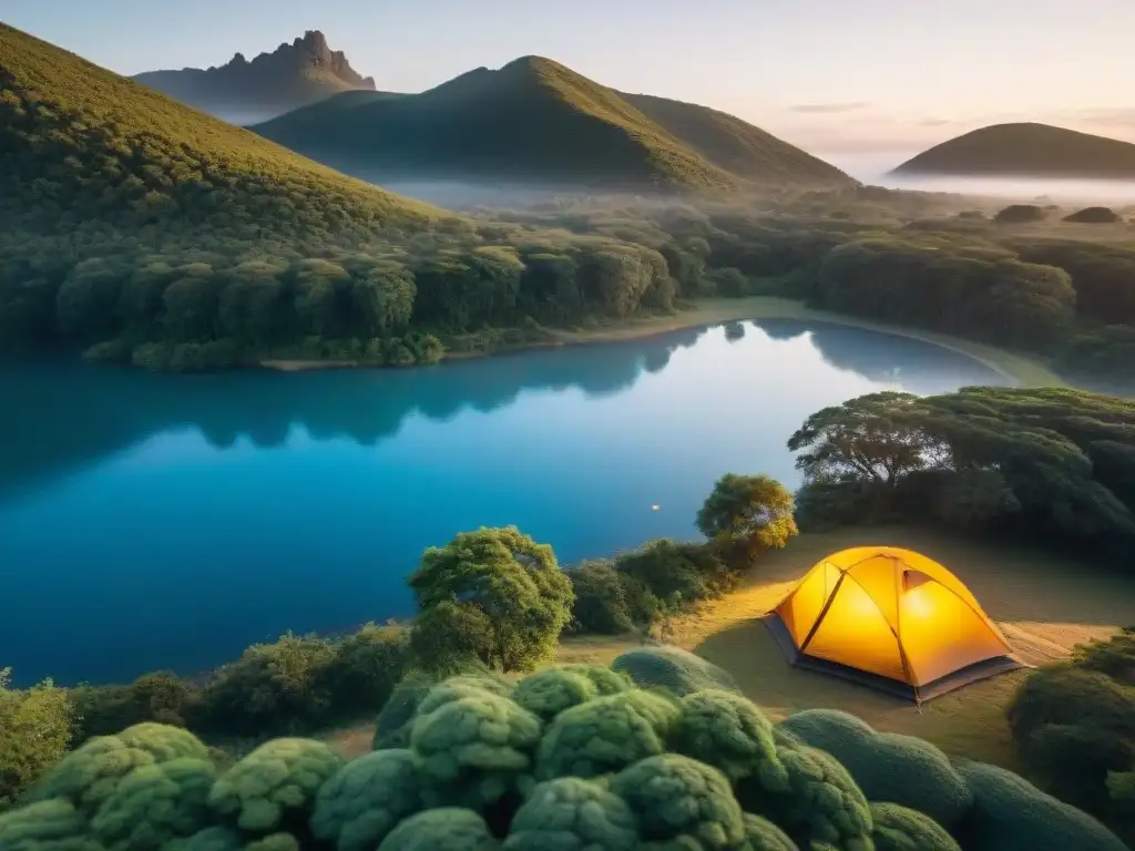 Campamento remoto en Uruguay: tienda acogedora rodeada de vegetación exuberante junto a un río sereno bajo un cielo azul