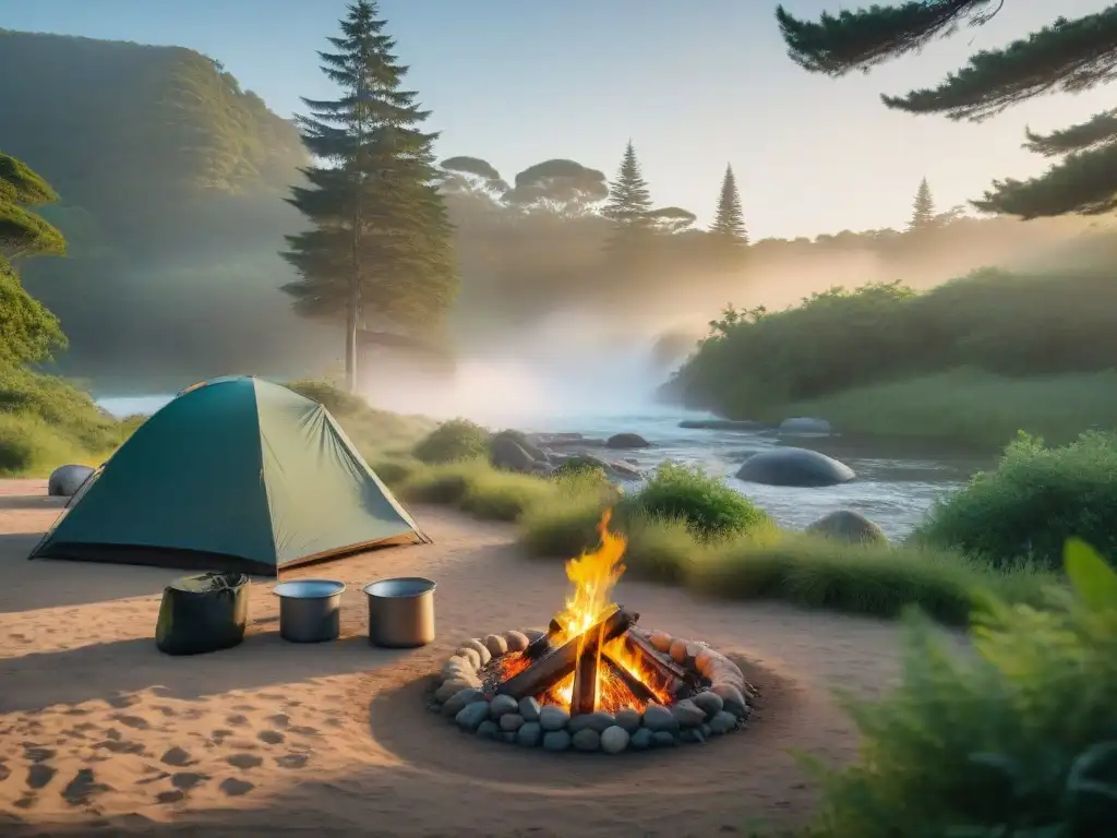 Un campamento responsable en Uruguay: familias separando residuos, niños aprendiendo de la naturaleza y parejas cocinando sosteniblemente al atardecer